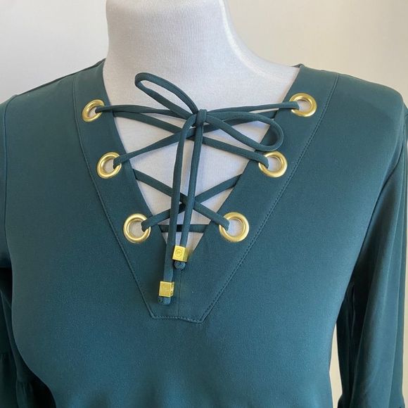 MICHAEL‎ Michael Kors Emerald Green Grommet Lace Up Neck Long Sleeve Top - Picture 3 of 9